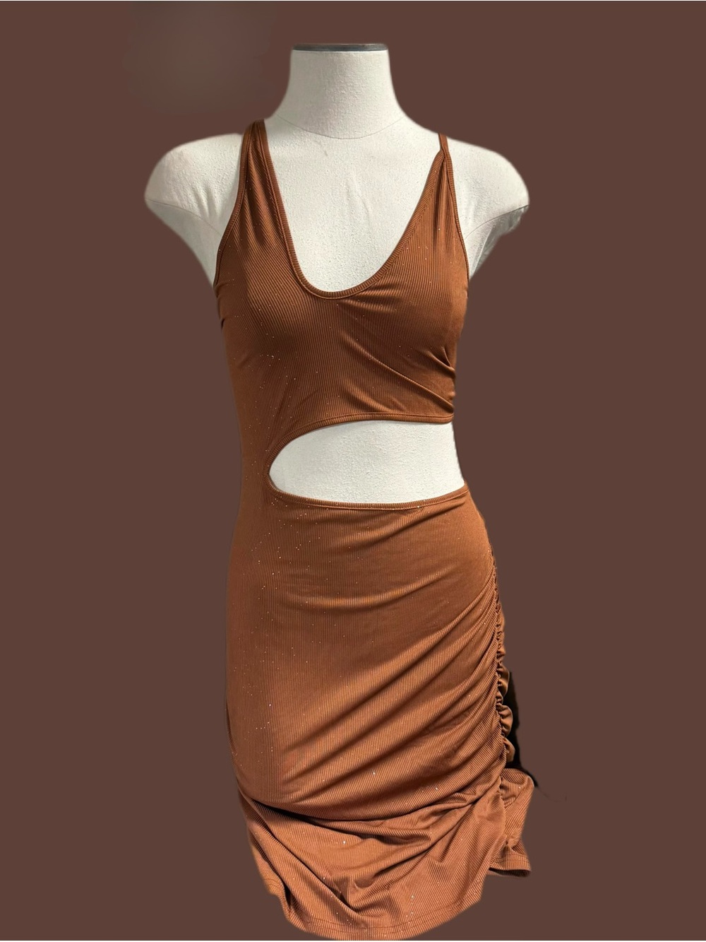Cutout Ruched Midi Dress in Brown with sparkles